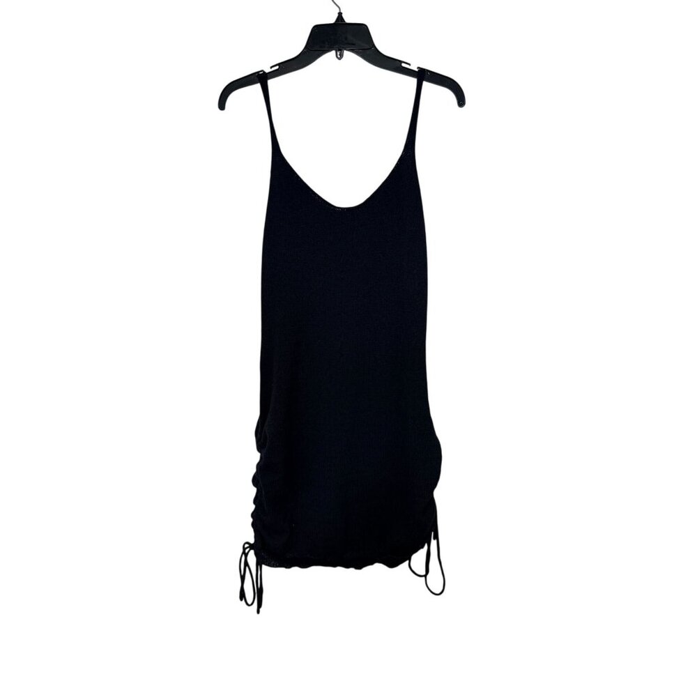Black Ruched Mini Dress Women’s L Bodycon V Neck Adjustable Side Drawstring Rave